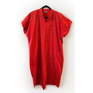 Vintage Red Embroidered Dress Kaftan Mumu Cotton Midi Medium Zeanab & Batta Sz 5